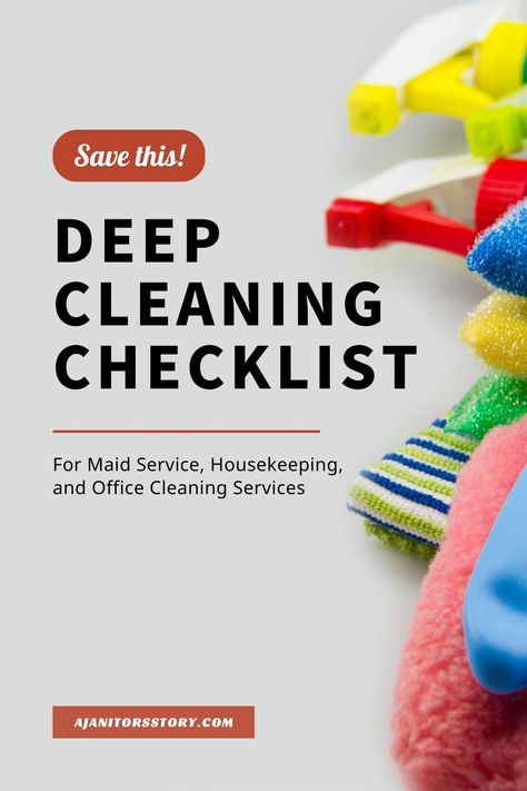 yellow spray bottle, red spray bottle, multi-color microfiber towels, pink sponge, and blue glove showing how to create a deep cleaning checklist for professional cleaning businesses. Professional Cleaning Hacks Tips And Tricks, Deep Cleaning House Checklist For Maid, House Cleaner Professional, Maid Service Housekeeping, Professional Cleaning Tips, Deep Cleaning House Checklist, Janitorial Cleaning Services, Cleaning Checklists, Cleaning Checklist Template