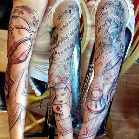 Nursing sleeve done by Greg Couvillier at The Studio Tattoo in Lafayette, LA - Imgur Healthcare Tattoo, Ems Tattoos, Tech Tattoo, Doctor Tattoo, Arm Sleeve Tattoos For Women, Nurse Tattoo, Medical Tattoo, Studio Tattoo, Theme Tattoo