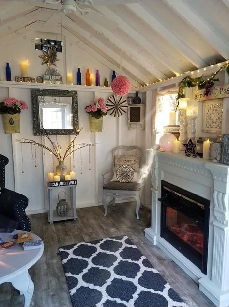 https://pin.it/ch181JgPP Craft Shack She Sheds, She Shed Interior Aesthetic, Storage Shed Bedroom Ideas, Cottage Shed Interior, Guest Shed Interior, Living In A Shed Interiors, She Shed Retail Store, Cute Shed Ideas Inside, Cozy She Shed Interior