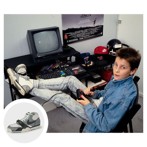 Trainer Spotting on Instagram: “Christian Bale and Nike Air Trainer I. 1987. Photo by David Levenson - - #christianbale #nikeairtrainer1 #darkknight #trainerspotting” Air Trainer 1 Outfit, Nike Air Trainer 1, Hand Juicer, Kids Cycle, Nike Air Trainer, Ceiling Texture, School Essay, Wall Phone, Mini Blinds