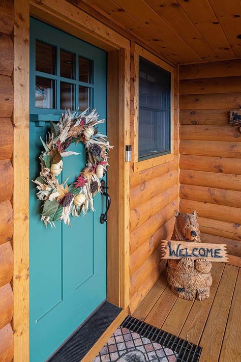 Deerfield | Coventry Log Homes Front Door For Log Cabin, Log Home Front Door Colors, Log Cabin Front Door Color Ideas, Log Cabin Front Door, Cabin Front Door, House Doors Colors, Mint Door, Log Homes Exterior, Teal Door