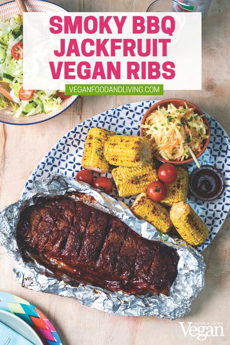 Vegan Smoky BBQ Jackfruit Ribs Jackfruit Ribs, Vegan Bbq Ribs, Sticky Bbq Sauce, Peanut Butter Salad, Vegan Ribs, Vegan Bbq Recipes, Seitan Recipes, Vegan Barbecue, Bbq Jackfruit