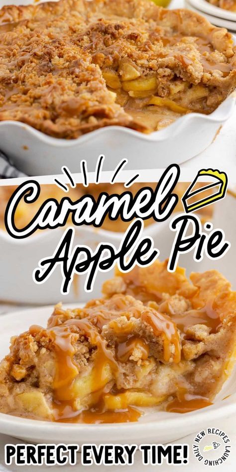 Tart apples and caramel are mixed together and topped with a crumb topping for our delicious caramel apple pie. Carmel Apple Pie Recipe, Apple Crumble Pie Recipe, Caramel Apple Pie Recipes, Caramel Pie, Apple Crumble Pie, Apple Caramel, Homemade Pie Crust Recipe, Dutch Apple Pie, Caramel Drizzle