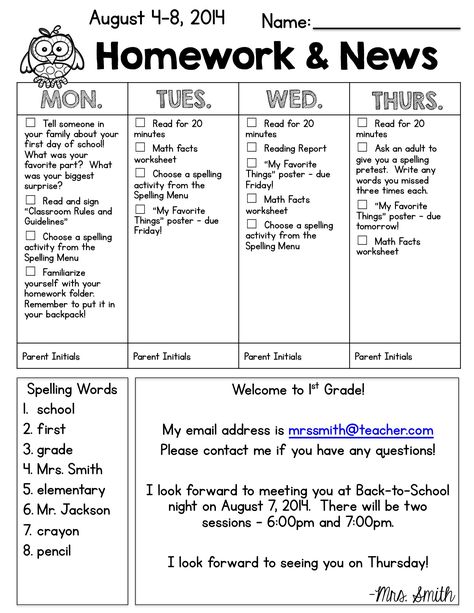 Homework Ideas For Second Grade, Home School Communication Log, 2nd Grade Homework Ideas, Weekly Homework Template, Weekly Newsletter To Parents, Homework Ideas For Kindergarten, Kindergarten Homework Ideas, Third Grade Homework, Homework Letter