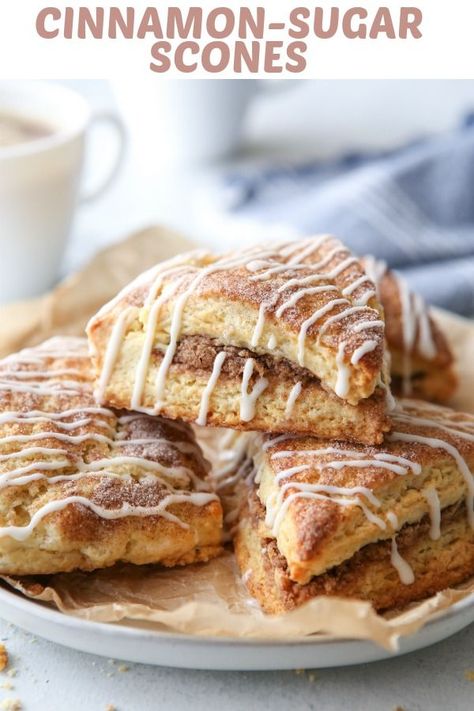 These scones are light and tender and packed with so much cinnamon-sugar flavor! Cinnamon Sugar Scones, Savory Scones Recipe, Cinnamon Scones Recipe, Breakfast Scones, Completely Delicious, Scone Recipes, Cinnamon Scones, Scones Recipe Easy, Homemade Scones