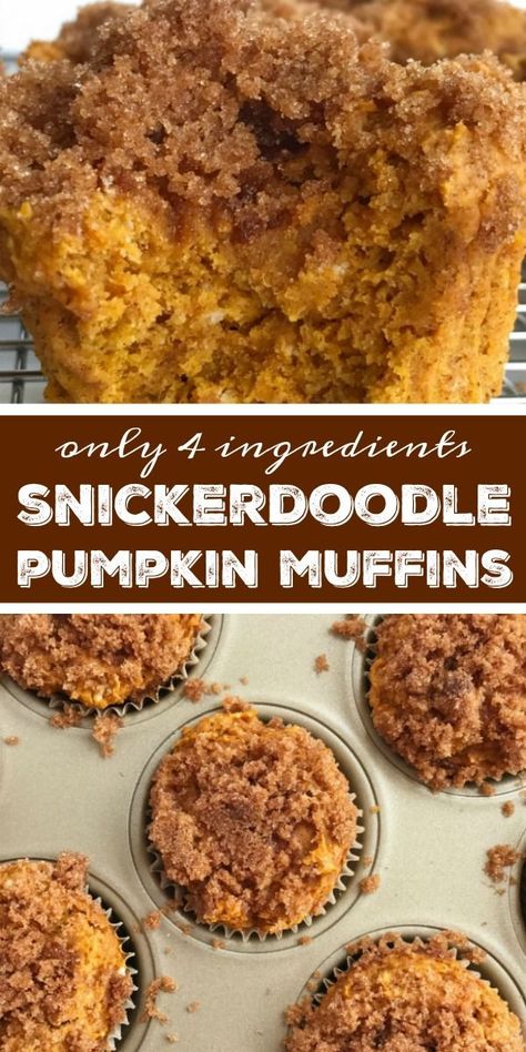 Snickerdoodle Pumpkin Muffins | Pumpkin Muffin Recipe | Snickerdoodle pumpkin muffins are only 4 ingredients! No egg, oil or butter. These pumpkin muffins are moist, super soft, loaded with pumpkin flavor, and topped with cinnamon & sugar snickerdoodle topping. A doctored up cinnamon crumb cake mix, a can of pumpkin, milk, and pumpkin pie spice is all you need. #pumpkin #pumpkinmuffins #pumpkinrecipe #fallrecipes #recipeoftheday #easyrecipe Pumpkin Mix Recipes, Pumpkin Cinnamon Muffins, Spice Cake Mix Muffins, Muffins No Eggs, Pumpkin Milk, Cinnamon Crumb Cake, Muffins Pumpkin, Reindeer Poop, Cake Mix Muffins