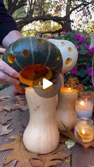 Sweet Audra Brown on Instagram: "How to make our viral pumpkin toadstool lanterns from last fall! These pumpkin toadstool lanterns are a perfect autumn addition to your outdoor decor.
Cut the two ends of a butternut squash flat. Stand it up and drill a hole in the top cut side the depth of a tea light candle, using a hole drill bit. Cut a hole in the top of a pumpkin, holding the knife at an out ward angle so the cut will be slightly larger towards the outside and smaller on the inside, a little smaller than the diameter of the top of the butternut squash tea light end. (small shorter wider pumpkins work best) Scoop out the insides of the pumpkin, scraping the walls well. Test for fit. If the hole is too small cut it bigger, but only very small portions at a time. It’s very easy to cut the Squash Decorating Ideas, Pumpkin Drilling, Hygge Crafts, Mushroom Pumpkin, Modern Traditional Home, Lake Fun, Pumpkin Festival, Small Portions, Spooky Szn