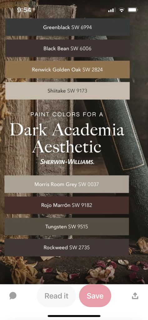 Kinds Of Colors, Golden Oak, Dark Academia Aesthetic, Academia Aesthetic, Home Reno, Dark Knight, Sherwin Williams, William Morris, Dark Academia