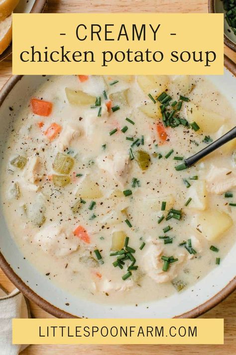 Creamy chicken potato soup is an easy comfort food recipe that is perfect for chilly weather. It has a simple base of carrots, celery, and onions, with tender chicken and potatoes all in a rich creamy broth. This is a quick soup recipe that comes in handy on busy nights! Potato Chicken Soup Crock Pots, Potato Chicken Soup Recipes, Chicken Potato Chowder Soup, Easy Soup Recipes With Potatoes, Simple Soups With Chicken Broth, Instapot Chicken And Potato Soup, Chicken Soup With Dill, Potatoe Chicken Soup Recipe, Carrot Chicken Soup