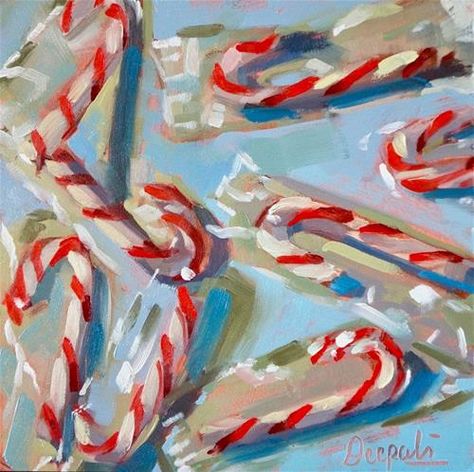 Aesthetic Candy Cane, Candy Cane Paintings On Canvas, Christmas Candy Painting, Oil Painting Christmas, Candy Cane Painting, Christmas Art Aesthetic, Christmas Oil Painting, Candy Cane Art, Candy Painting