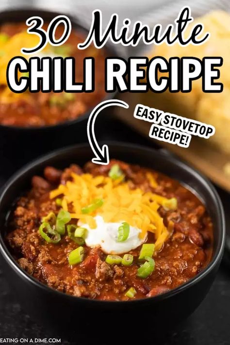 This quick chili recipe is ready in less than 30 minutes. This is the best quick stovetop and easy chili recipe. You'll love this classic easy one pot beef chili recipe. This quick and easy chili recipe is fast to make is a simple, healthy, one pot recipe that is the best and super fast to make! You’ll be surprised how good this quick chili recipe easy is to make! #eatingonadime #onepotrecipes #stovetoprecipes #chilirecipes #dinnerrecipes Fast Chili Recipe, Top Chili Recipes, Quick Chili Recipe, Chili Recipe Stovetop, Quick Chili, Easy Homemade Chili, Stovetop Chili, Easy Chilli, Homemade Chili Recipe