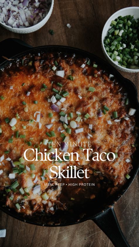 10-Minute Chicken Taco Skillet Recipe Skillet Chicken Tacos, Chicken Taco Skillet, French Onion Beef Stew, Taco Skillet Recipe, Taco Skillet, High Protein Dishes, Minute Chicken, High Protein Dinner, Protein Dinner