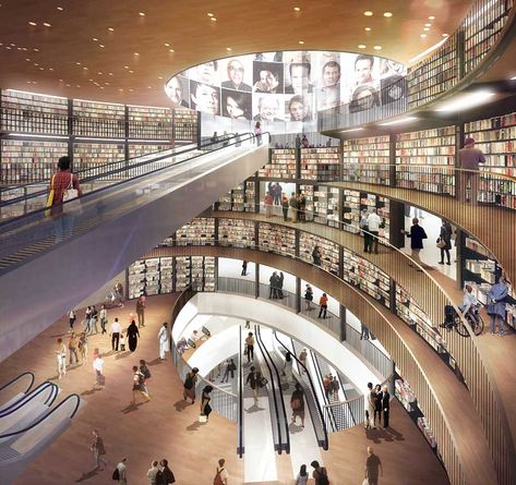 New Birmingham Library Atrium, 2013. At 31,000 sqm it is the largest public library in Europe. The ten-level library will share with the Birmingham Repertory Theatre a spacious entrance and foyer as well as a flexible studio theatre seating 300 people. The library houses world-class collections of archives, photography and rare books. WoW! Birmingham Library, Dream Library, Beautiful Library, Library Architecture, Birmingham Uk, Birmingham England, Library Design, Public Space, Public Library