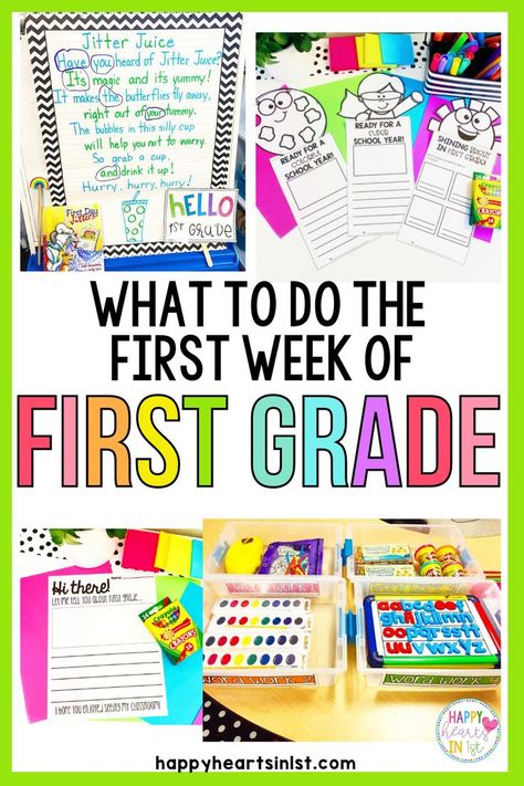 Back to school activities and ideas for making planning the first week easier! Includes ideas for first week read alouds name building stations math centers writing activities and free no prep writing crafts from Happy Hearts in 1st First Day Of Grade 1 Activities, Activities For First Week Of School, Grade 1 Beginning Of The Year, First Week Of Grade 1 Activities, Back To School Grade 1 Activities, First Week Grade 1 Activities, Activities For The First Week Of School, 1st Grade Classroom Schedule, First Grade Class Schedule