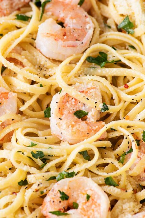 Shrimp Scampi with Linguine! This white wine shrimp scampi is an easy dinner that comes together in 15 minutes! Homemade scampi sauce and juicy shrimp on a bed of tender linguine. | HomemadeHooplah.com Shrimp Scampi Linguini, White Wine Shrimp, Shrimp Linguine Recipe, Shrimp Linguini, Shrimp Scampi Pasta Recipes, Shrimp Scampi Linguine, Homemade Hooplah, Easy Shrimp Scampi Recipe, Scampi Sauce