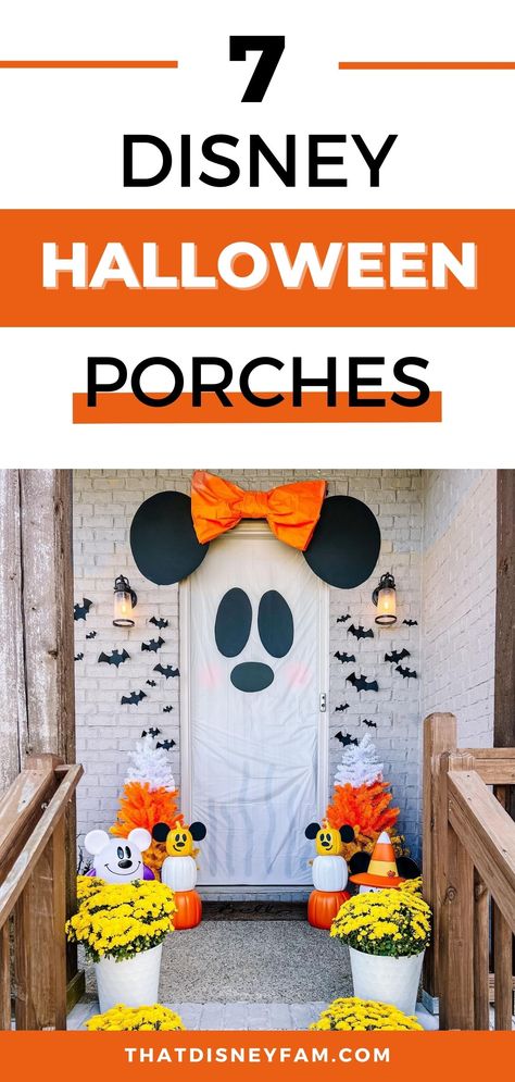 7 Best Disney Halloween Porches - That Disney Fam Entryway Halloween Ideas, Disney Halloween Porch Decorations, Diy Mickey Mouse Halloween Decorations, Disney Halloween Trunk Or Treat, Jack Skellington Outdoor Decor, Haunted Mansion Front Porch, Disney Halloween Front Porch, Mickey Trunk Or Treat Ideas, Disney Halloween Yard Decorations