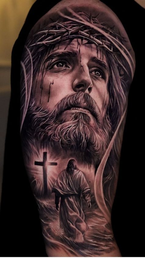 Saint Joseph Tattoo, Jesus Tattoo Men, Superhero Tattoos For Men, Name On Back Tattoo, Jesus Tattoo Design For Men, Jesus Face Tattoo Design, Jesus Statue Tattoo, Forarms Tattoo Designs Men, Watercolor Tattoo Men