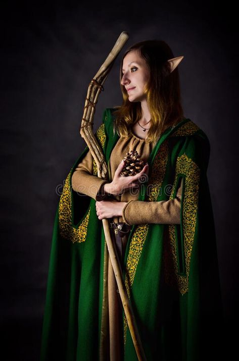 Holding Staff, Green Cloak, Summer Court, Magic Staff, Medieval Wedding Dress, Medieval Cloak, Elven Princess, Elf Costume, Body Reference Drawing