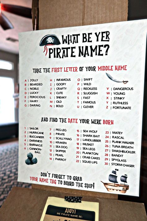 What's your pirate name game for kids pirate party Pirate Harbor, Pirate Name, Pirate Party Games, Pirate Halloween Party, Kids Pirate Party, Pirate Themed Birthday Party, Pirate Names, Pirate Photo, Pirate Themed Birthday