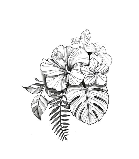 Tropical Elephant Tattoo, Tropical Flower Tattoo Stencil, Tropical Ankle Tattoo, Hawaiian Foliage Tattoo, Hawaiian Flower Arm Tattoos For Women, Plumeria Mandala Tattoo, Tattoo Tracing Ideas, Hawaiian Floral Tattoo Design, Tropical Turtle Tattoo