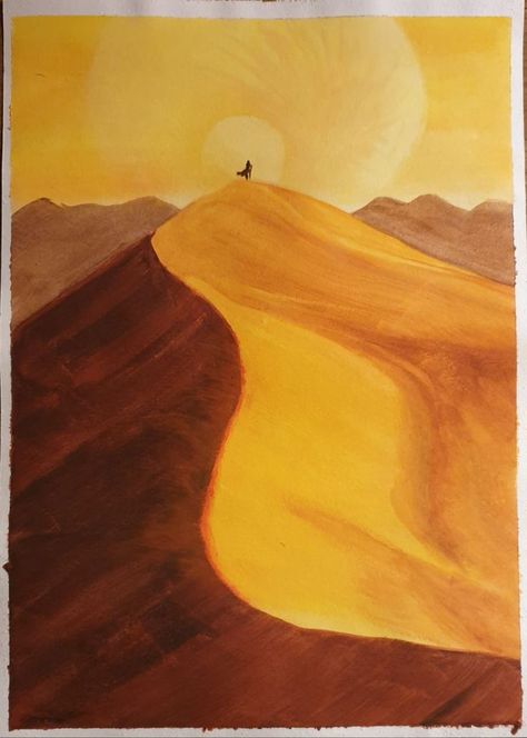 How To Draw Desert Landscape, Sand Dunes Painting Acrylic, Sahara Desert Painting, Sahara Desert Drawing, Acrylic Painting Desert, Waldorf Botany, Dune Painting, Desert Drawing, Desert Artwork