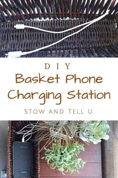 DIY Basket Phone and Tablet Charging-Station-StowandTellU | #phone #tablet #charging #station #basket #diy #storage Charging Station Shelf, Tablet Charging Station, Hide Electrical Cords, Charging Station Organizer, Diy Charging Station, Phone Charging Stations, Phone Charger Station, Upcycle Storage, Charger Organizer