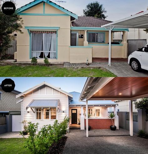 Before & After: Fibro Cottage Renovation | Homes To Love Fibro House Renovation Before And After, External Renovation Before And After, Facade Makeover Before After, Old Fibro House Renovation, Facade Before And After, Recladding House Before And After, Queenslander Renovation Before And After, Fibro House Renovation, Before And After Renovation Old Houses