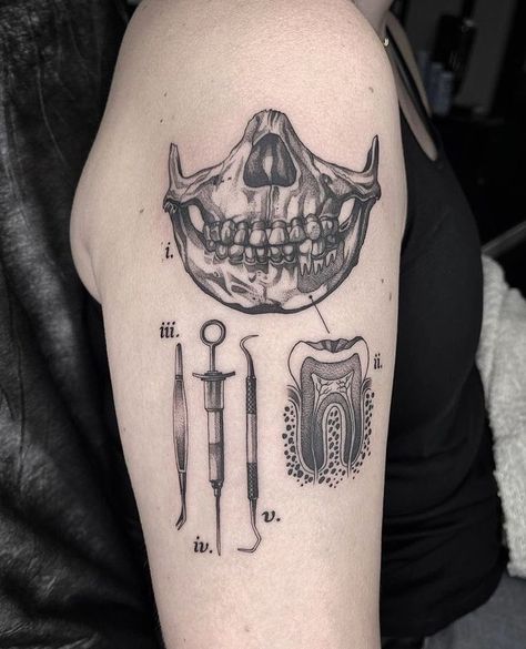 Tattoos For Dentists, Teeth Tattoo On Knee, Forensic Tattoo Ideas, Tattoos Of Teeth, Dentistry Tattoo Ideas, Dental Hygienist Tattoo, Jar Of Teeth Tattoo, Human Jaw Tattoo, Molar Tattoo