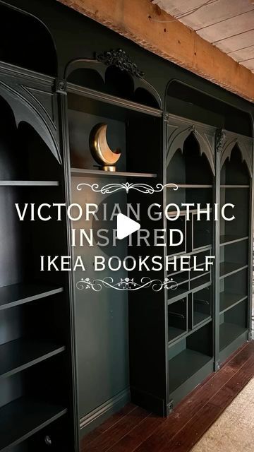 Gothic Home & Garden on Instagram: "Turning an IKEA bookshelf gothic by Danie Berger @diydanie #IKEA #gothic" Academia Bookshelf, Dark Academia Bookshelf, Organized Home Office, Ikea Bookshelf, Bookshelf Makeover, Billy Ikea, An Organized Home, 2024 Dresses, Casa Loft