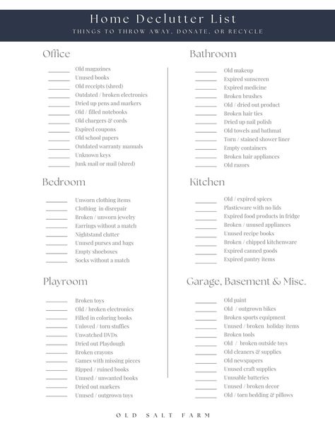 Declutter List: Things to Throw Away, Donate, or Recycle Declutter By Room, How To Declutter Your Home Room By Room List, How To Declutter Your Home Room By Room, Declutter List, Room Declutter, Linen Closet Makeover, Home Declutter, House Checklist, Cleaning Schedules