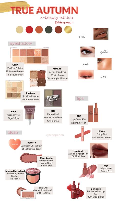 Makeup For Warm Autumn Skin Tones, Autumn Skin Tone Makeup, Make Up For Autumn Type, Make Up For Autumn Skin Tone, Makeup For Autumn Type, Makeup For Autumn Skin Color Palettes, True Autumn Eye Makeup, True Autumn Best Colors, Soft Autumn Outfits Korean