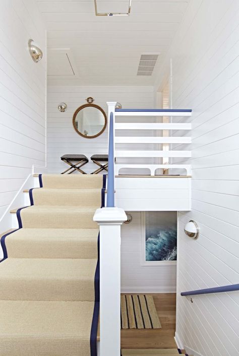 Contemporary Beach Bungalow-Chango-Co-12-1 Kindesign Shiplap Staircase, Coastal Bungalow, Beach Bungalow, White Shiplap, Coastal Living Rooms, Beach Bungalows, Beach Cottage Style, Nautical Home, Coastal Interiors