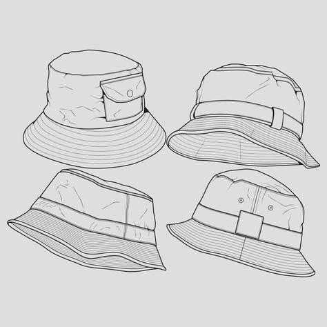 Bucket Hat Flat Sketch, Bucket Hat Technical Drawing, Bucket Hat Drawing Reference, Bucket Hat Sketch, Bucket Hat Illustration, Bucket Hat Drawing, Hat Outline, Hat Sketch, Hat Drawing