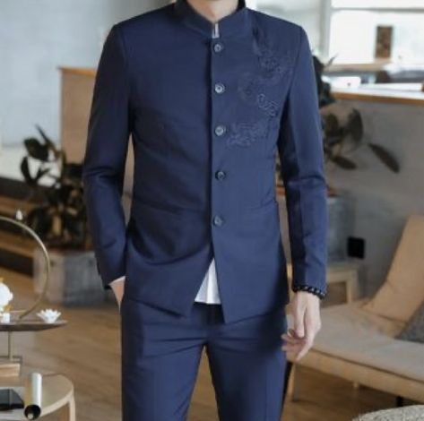 Chinese Suit Men, Mandarin Collar Suit, Tang Suit Men, Engagement Suits, Chinese Suit, Men Suit Wedding, Vietnamese Men, Wedding Chinese, Men's Wedding Outfit