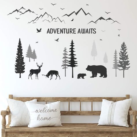 PRICES MAY VARY. You will receive: the package contains 3 sheets forest wall decals, each of which measures 12 x 35 inch, including trees, mountains, deer, bears, birds, and the [Adventure Awaits] quote will create a inspiring atmosphere for your kid's rooms Nice decoration: the nursery wall decals are designed in the woodland theme, printing with forest, animals, mountains, and inspirational quotes, suitable for you to decorate your kid's rooms, which will add a dreamy atmosphere to the kids' b Woodland Nursery Decals, Forest Wall Decals, Deer Decal, Wild Animal Wallpaper, Mountain Decal, Diy Wall Decals, Woodland Wall, Diy Wall Stickers, Nursery Decals