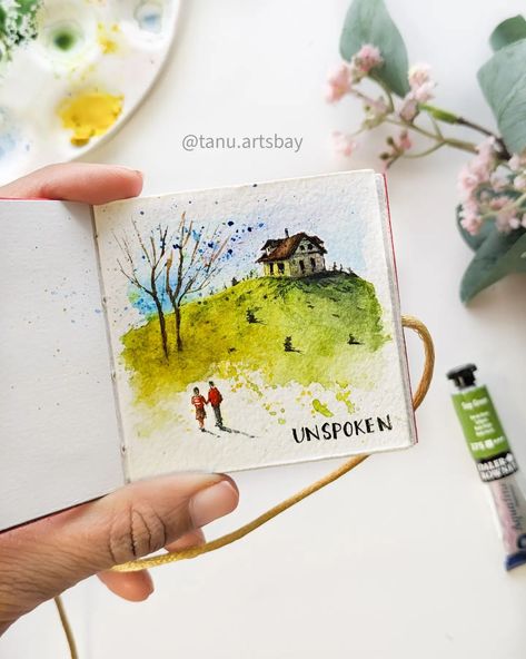 Mini Art Projects, Love Story Painting, Watercolor Miniatures, Mini Watercolor Paintings, Paint Journal, The Feeling Of Love, Pen Work, Mini Watercolor, Animated Art