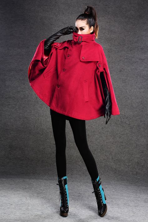 Red Cloak Aesthetic, Red Coat Outfit Winter, Red Jacket Outfit, Womens Cape, Red Cloak, Cape Outfit, Cyberpunk Clothes, Cashmere Cape, Space Fashion