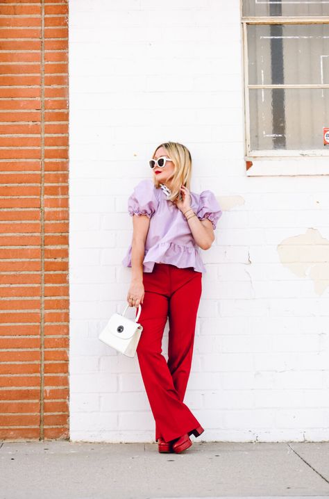 Lilac Peplum Top, Red Hot Trousers. Red Trousers Outfit, Purple Top Outfit, Digital Lavender, Combining Colors, Lavender Outfit, 2023 Outfits, Red Trousers, Trouser Outfit, Blogger Street Style