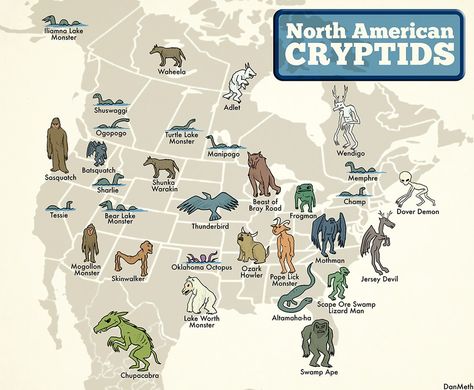 So here’s a handy guide in case you decide to go looking for a cryptid near you: | The North American Cryptid Map American Cryptids, Dover Demon, Turtle Lake, Lake Monsters, Myths & Monsters, Legends And Myths, Bear Lake, Ghost Hunting, Urban Legends