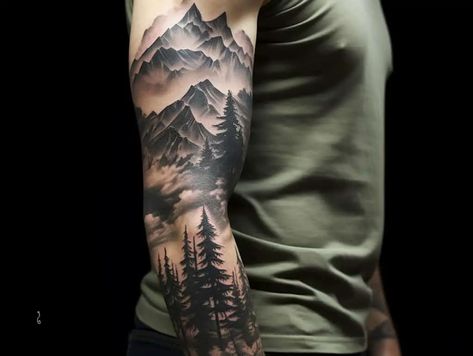 trees and mountain tattoo Mountain Sleeve Tattoo, Alaska Tattoo, Wilderness Tattoo, Scenery Tattoo, Tree Sleeve Tattoo, Tree Sleeve, Mountain Tattoos, Nature Tattoo Sleeve, Wolf Tattoo Sleeve