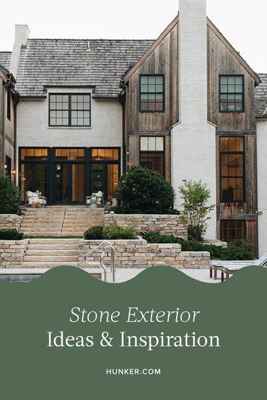 Stone Work On House Exterior, Stone House Exteriors, Stone Exterior Home, Metal Shingle Roof, Grey Stone Wall, Modern Cottage Style, Stone Exterior Houses, White Siding, Stone Exterior