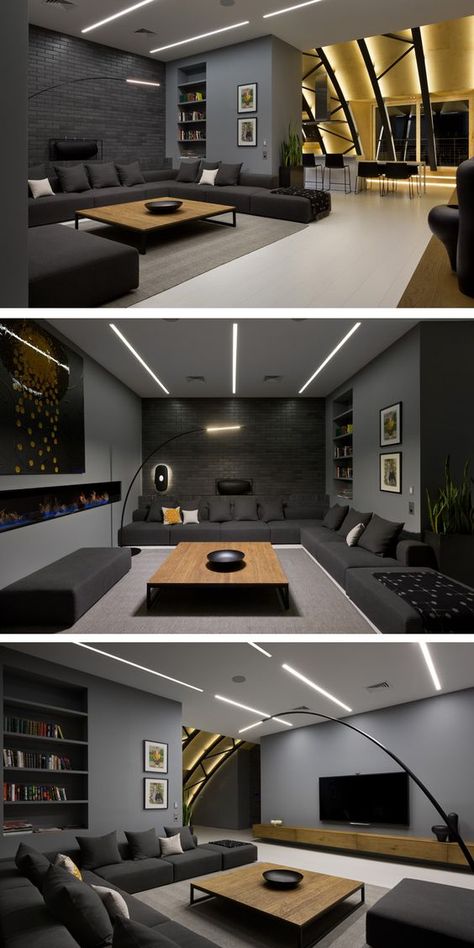 ArchObraz architectural studio have designed the interior of an apartment in… Reka Bentuk Ruang Tamu, Home Theater Lighting, Reka Bentuk Dalaman, Modern Appartement, Bilik Idaman, Best Living Room Design, Fancy Stuff, Design Salon, Home Theater Rooms