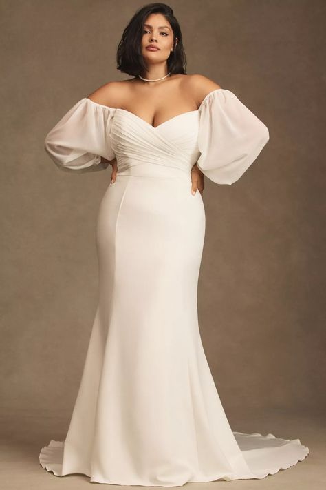 Jenny by Jenny Yoo Kate Fit-and-Flare Gown With Removable Sleeves | Anthropologie Simple Wedding Dresses Plus Size, Plus Size Wedding Hairstyles, Plus Size Civil Wedding Dress, Jenny By Jenny Yoo, Plus Size Wedding Dresses With Sleeves, Curvy Wedding Dress, Boho Dress Plus Size, Curvy Wedding, Plus Size Elegant Dresses