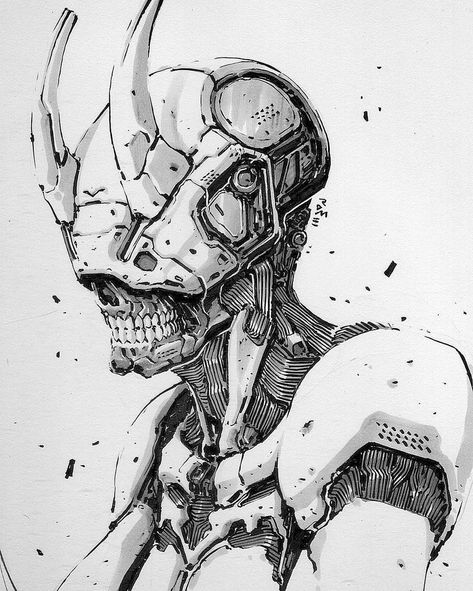 Robotic Art Drawing, Cyberpunk Drawing Character Inspiration, Cyborgs Art Drawing, Cyberpunk Robot Art, Cyberpunk Tattoo Sleeve, Mecha Concept Art, Cyberpunk Sketch, Mecha Drawing, Cyberpunk Reference