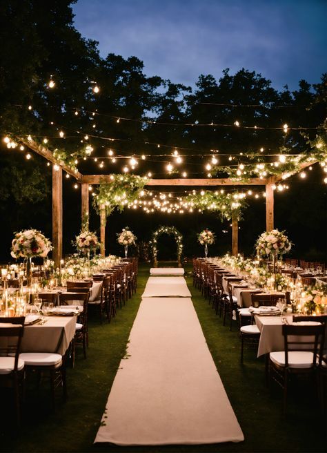 Backyard Wedding Walkway Ideas, Wedding Idea Outdoor, Outside Wedding Fairy Lights, Wedding Venues Backyard, Aesthetic Wedding Venues Simple, Wedding Venues Aisle, Rustic Outdoor Wedding Venue Ideas, Country Wedding Venues Outdoor Ceremony, Wedding Areas Outdoor