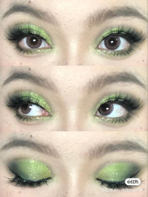 Pretty Green Eye Makeup, Pretty Green Makeup, Jade Eye Makeup, Prom Fairy Makeup, Cute Green Makeup Looks, Green Makeup Korean, Cute Green Makeup, Green Hoco Makeup, Luigi Makeup