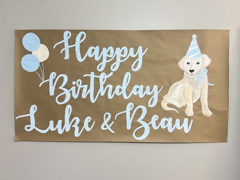 "Puppy Party Custom Painted Party Banner Size: 3 feet tall by 4-8 feet long (depending on option chosen). These are painted on high quality banner paper.  Please include the following in the personalization details: Wording Theme of the event, specific banner requests color choices for paint font type (script, handwritten, etc. *Choose from basic or two graphic  designs- prices are different for each! I'll email a digital mock up of your banner for final proof before painting. Please view curren Brown Paper Sign, Kraft Paper Banner, Paint Font, First Birthday Banner, Birthday Painting, Party Girlande, Banner Size, Banner Birthday, Lab Puppy