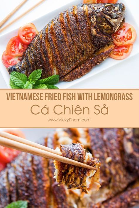 Simple Vietnamese Fried Fish with Lemongrass Recipe Lemongrass Recipes, Whole Fish Recipes, Fish Fried, Viet Food, Fried Fish Recipes, Vietnam Food, How To Cook Fish, Vietnamese Cuisine, Grilled Fish