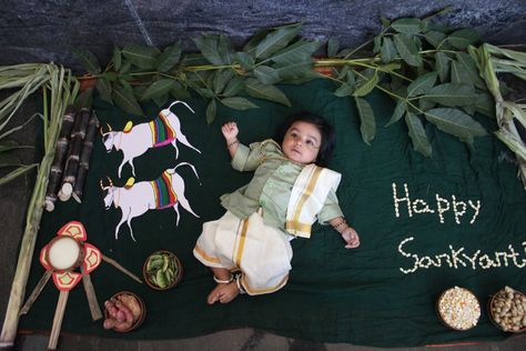 Sankranthi Photoshoot Ideas, Pongal Theme Baby Photoshoot, Pongal Baby Photoshoot Ideas, Sankranti Baby Photoshoot Ideas, Sankranthi Theme Baby Photoshoot, Pongal Photoshoot, Baby Birthday Design, Baby Neck Float, Monthly Photoshoot