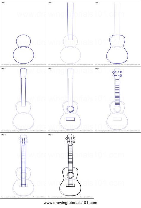 How To Draw Musical Instruments, Guitar Drawing Tutorial, Ukulele Drawing Sketch, How To Draw Instruments, Ukulele Art Drawing, Ukulele Reference, Ukulele Sketch, Gutair Drawing, Music Instruments Drawing